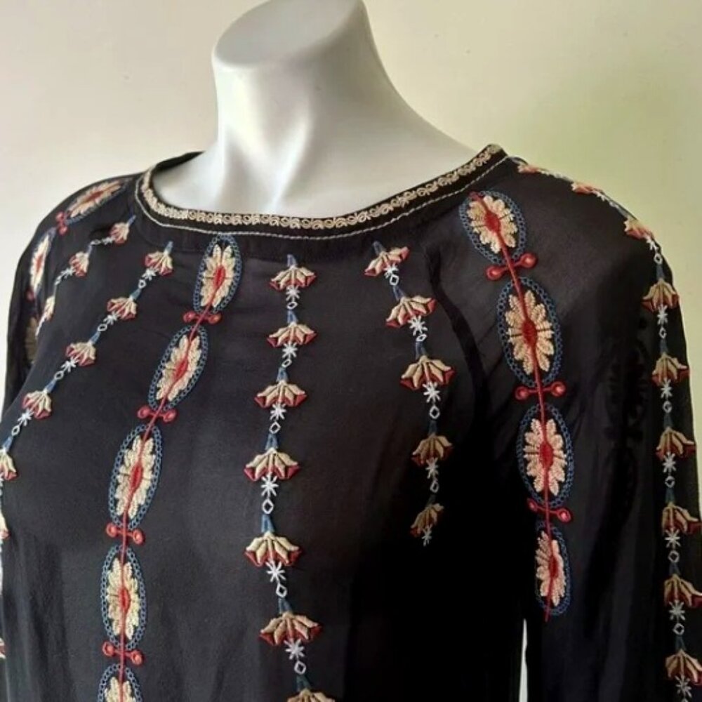 Sundance Mythical Spirit Embroidered Silk Long Sleeve Pullover Blouse